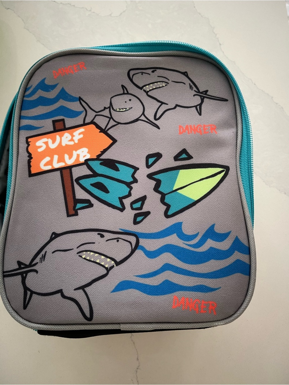 Kids Surf Club Shark Lunch Bag – Gray with Teal Trim